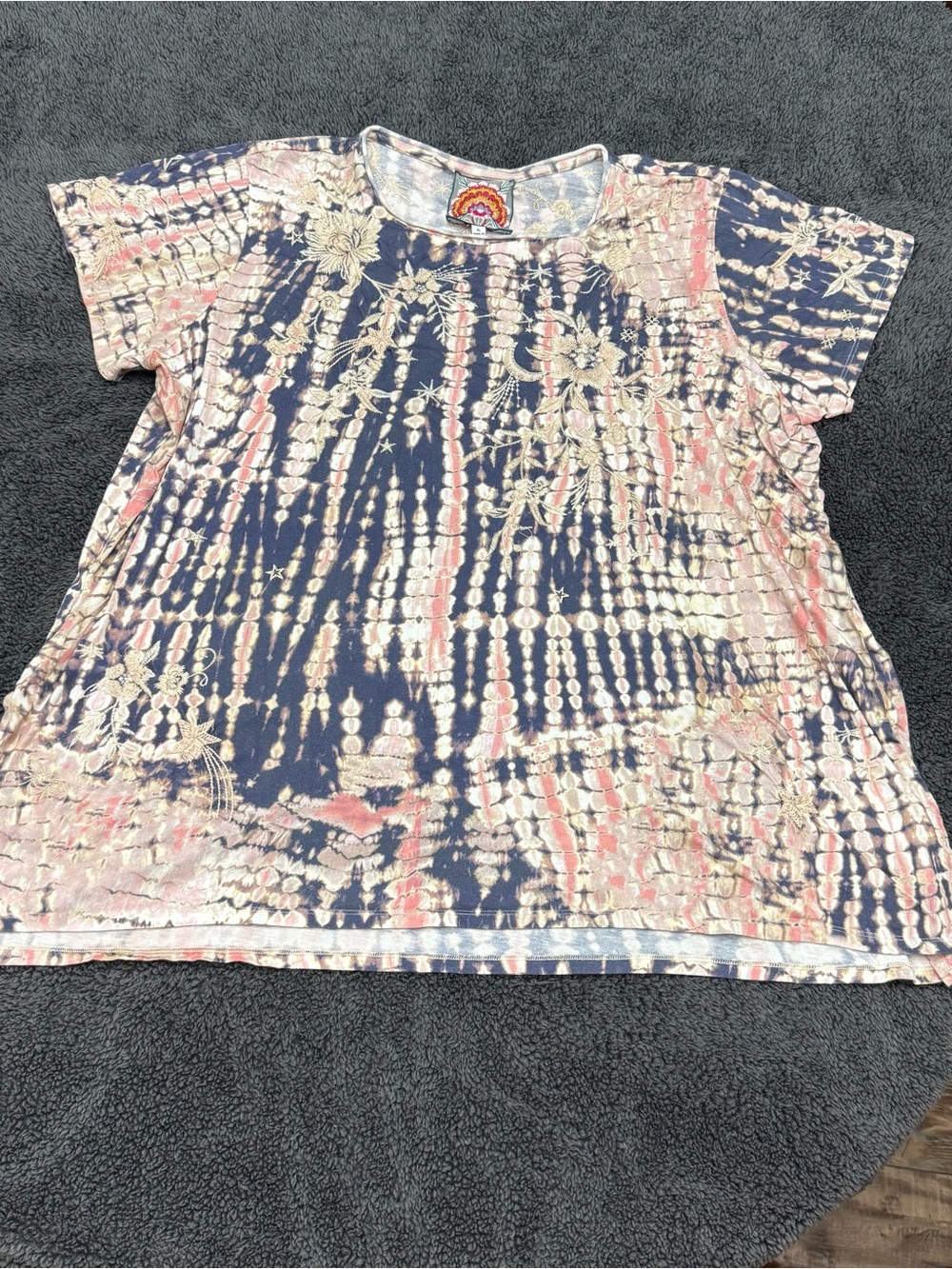 Johnny Was Mia Short Sleeve Knit Tunic Floral Embroidered Tie Dye Cotton XL